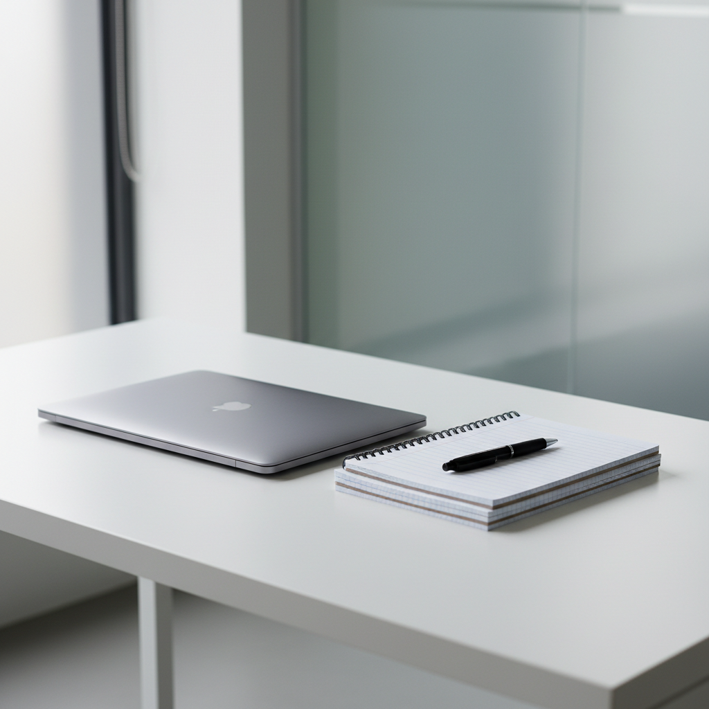 A pristine, silver-brushed laptop closed beside a neat stack of lined paper notebooks and a black capped pen, all atop a matte white desk with clean edges. The arrangement is precisely layered and symmetrically organized. Gentle overcast natural light from an unseen window softly illuminates the workspace, creating subtle shadows and refined highlights along the laptop’s brushed surface and the paper’s slight texture. The setting is minimalist, only a hint of a frosted glass partition visible in the background for context. Captured from a slightly elevated angle using the rule of thirds for balanced composition, the atmosphere is focused and professional—ideal for a contemporary, academic English blog.