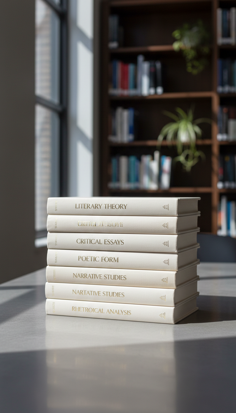 A stack of crisp, neutral-toned hardcover books with clean dust jackets and slim gold foil titles, resting on a smooth grey concrete tabletop. The composition features structured, even spacing both vertically and horizontally, with the stack meticulously aligned. Soft diffused daylight filters through a minimal office-style window, casting subtle, gentle highlights across the glossy book covers and slight shadows beneath the stack. In the background, a blurred expanse of shelves filled with academic materials balances the scene. Photographed at eye-level with sharp focus throughout, the mood is calm, orderly, and scholarly. A modern, photographic realism style reinforces professionalism and matches the corporate aesthetic, ideally representing a higher-level English class blog.